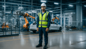 Trabajador en planta automotriz usando EPP completo frente a línea robotizada de ensamblaje